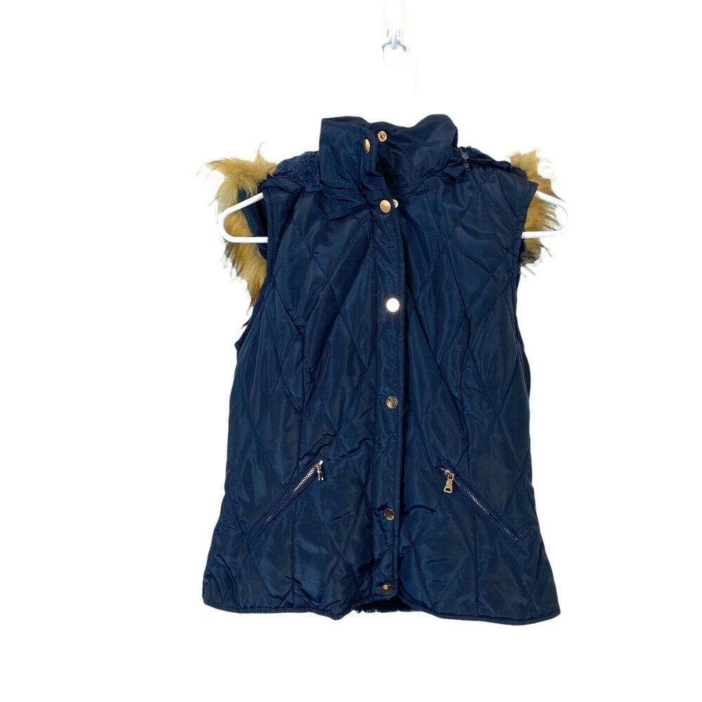 Vest Jacket Small NWT LA Coalition Womens Blue Removable Faux Fur Trim Hooded
